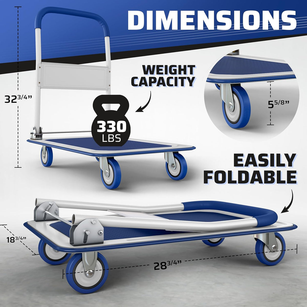 Heavy-Duty Collapsible Push Cart Dolly - 330 lbs Capacity, Foldable Flatbed Hand Truck with Swivel Handle