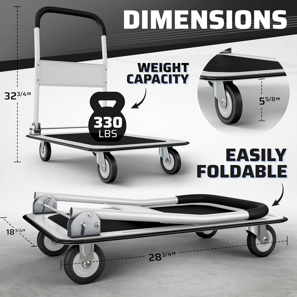 Heavy-Duty Collapsible Push Cart Dolly - 330 lbs Capacity, Foldable Flatbed Hand Truck with Swivel Handle